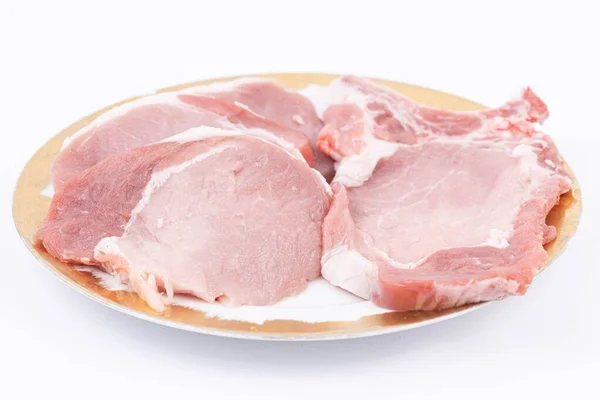 Fresh Raw Pork Chops Plate White Background — 图库照片
