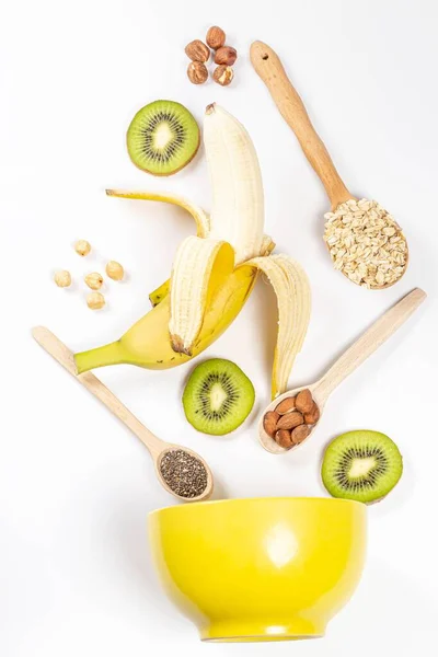 Banana Kiwi Nuts Chia Seeds Oatmeal Yellow Bowl Top — Foto de Stock