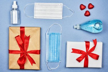 Flat lay of Valentine presents with personal hygiene products