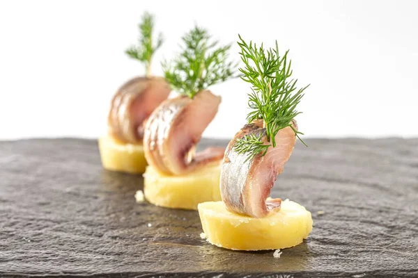 Snack Boats Pickled Herring Potatoes — Stok fotoğraf