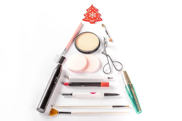 Christmas Tree Made Cosmetics Brushes Mascara Lipstic — ストック写真
