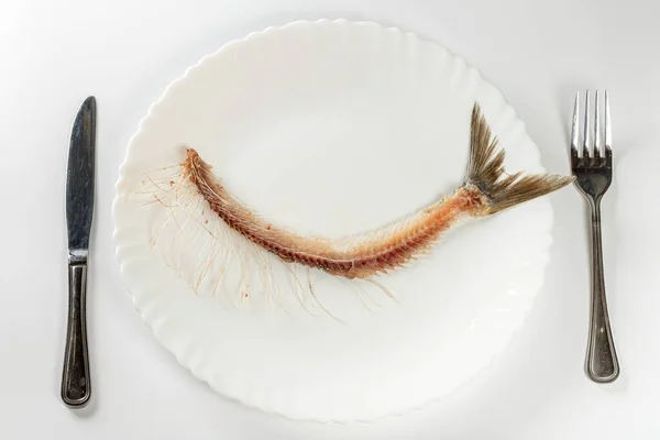 Fish skeleton on white plate with knife and fork