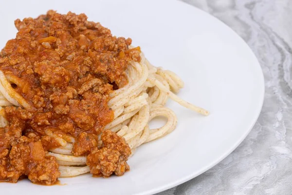 Spaghetti Bologneze Served Plate Copy Space — Zdjęcie stockowe
