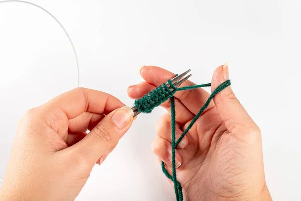 Woman Dials Loops Knitting Needles Yarn — Stock Photo, Image