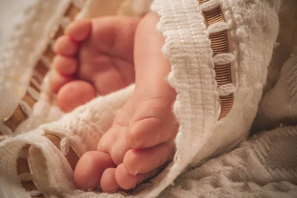 Small Feet Sleeping Baby Boy Close — Stock Photo, Image