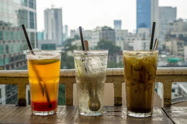 Three Different Cold Drinks Plastic Straws Balcony Wit — Stock Photo, Image