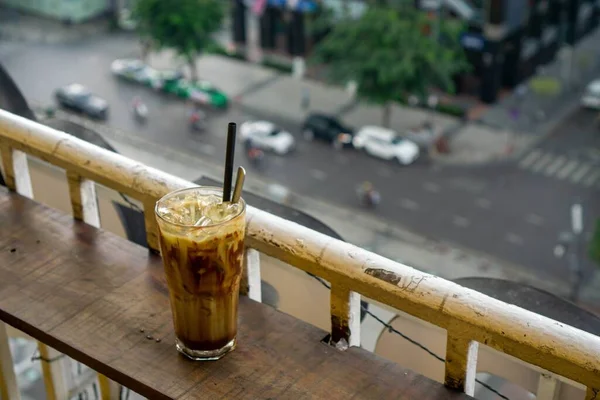 Bokeh Photo Cold Chocolate Drink Plastic Straw Spoon — Stock Photo, Image