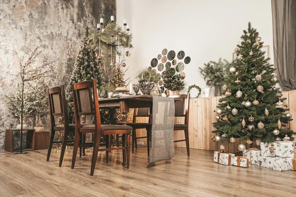 Spacious Decorated Living Room Christmas Trees Dining — Zdjęcie stockowe