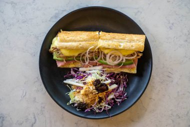 Top View Food Photo of Pulled Pork Sandwich with Pork, Swiss Che