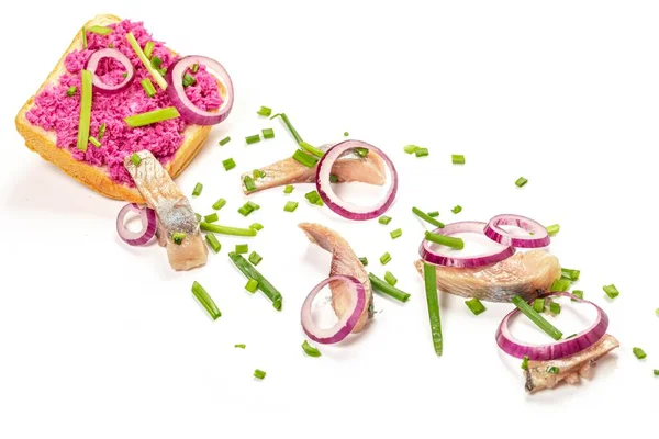 Bread Horseradish Onions Pieces Herring White — Φωτογραφία Αρχείου