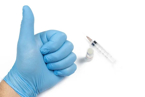 Medical Blue Handschuh Der Hand Mit Daumen Hoch Und Impfstoff — Stockfoto