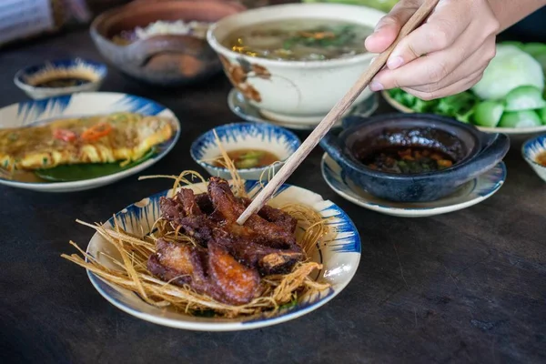 Person Using Wooden Chopsticks Pick Food Different — Foto de Stock