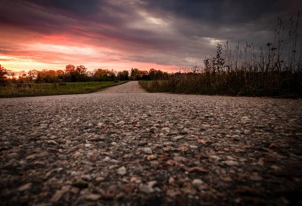 Sunset Landscape Countryside Road Meadows — Stockfoto