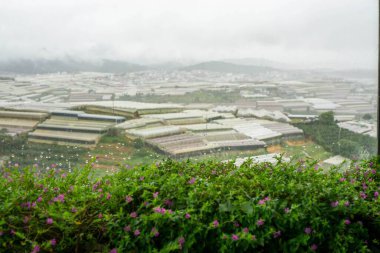 Da 'daki bir kafenin penceresinden Dağlar ve Büyüyen Evler Manzarası 