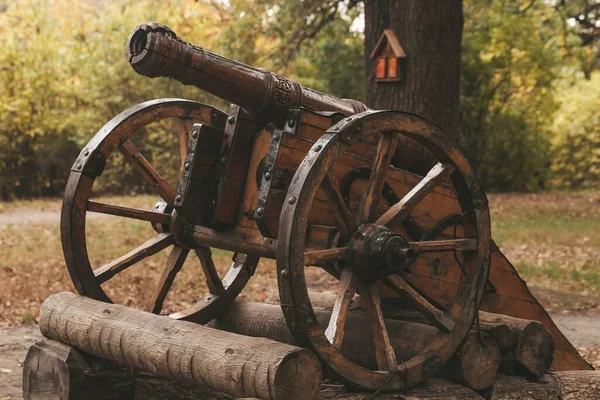 Old Wooden Cannon Pedestal Autumn Park — 스톡 사진