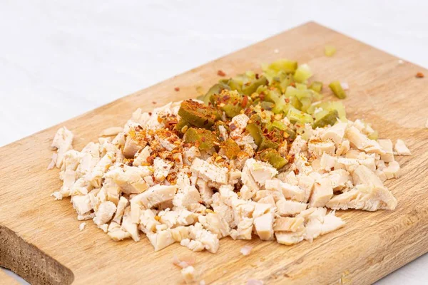 Preparing Chicken Meat Salad Pickles Spicy Paprika — Stockfoto