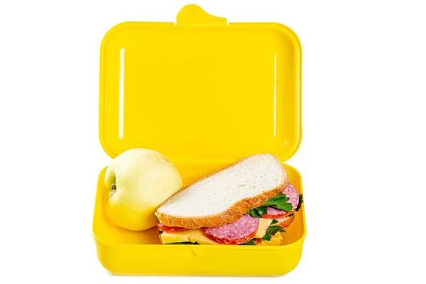 Lunchbox Mit Sandwich Und Apfel Auf Weißem Hintergrund — Stockfoto