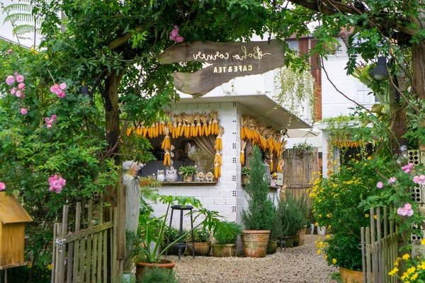 Dalat, Vietna 'da birçok bitki ve çiçeğin bulunduğu bir kafeye giriş.