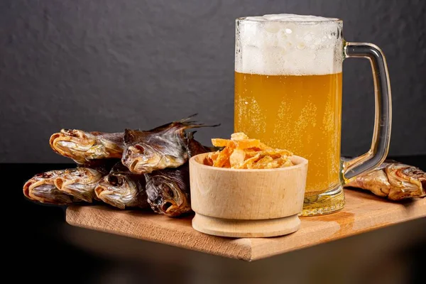 Dried Roach Fish Tuna Glass Unfiltered Beer — Stock Fotó