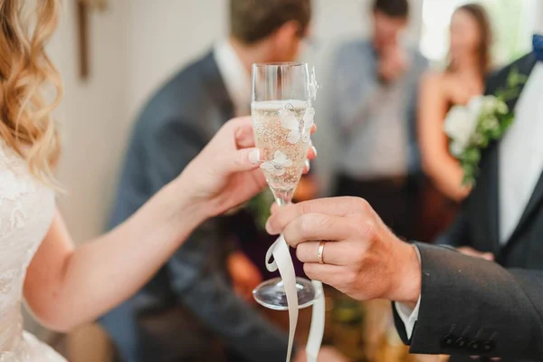 Happy Newlyweds Couple Drink Wedding Champagne