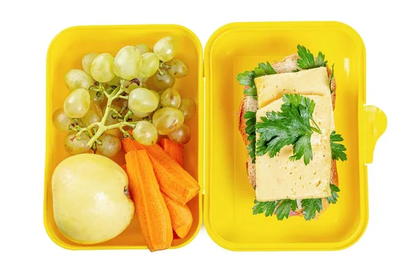 Vue Dessus Boîte Lunch Ouverte Avec Sandwich Carottes Fruits — Photo