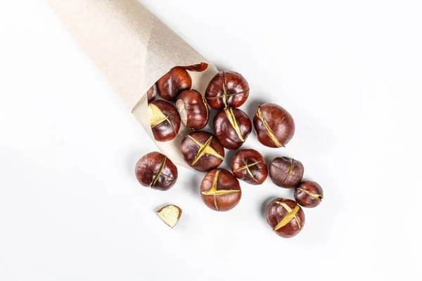 Roasted Chestnuts White Background Top View — Photo