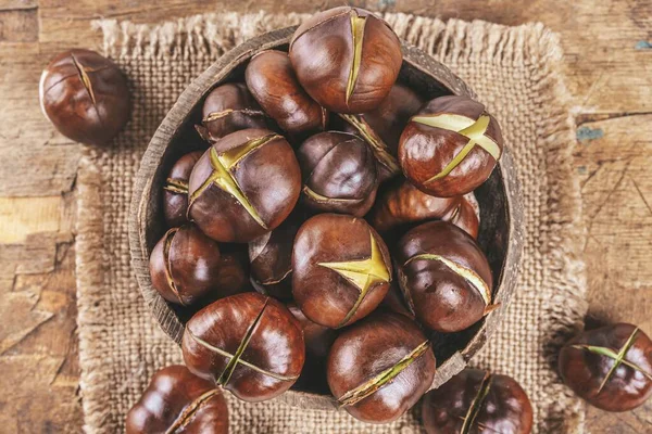 Roasted Chestnuts Old Wooden Background Top View — Photo