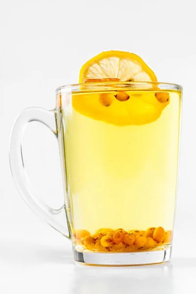 Sea Buckthorn Tea Glass Cup White Background — 图库照片