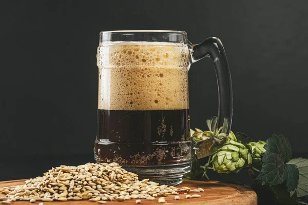 Mug Dark Unfiltered Beer Hops Barley — Fotografia de Stock