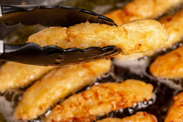 Close Turning Fish Appetizer While Frying Frying — Stok Foto