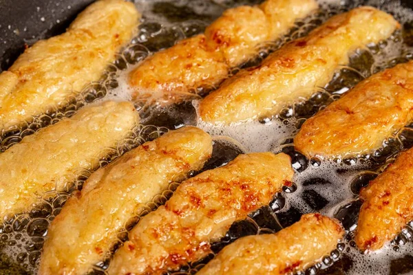 Fish Sticks Batter Frying Pan Boiling Oil Close — Stok Foto