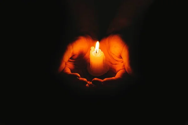 Candle Flame Glowing Dark Background Women Hands — Photo