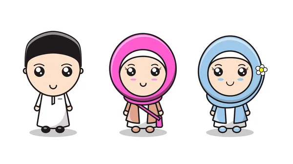 Vector Illustration Cute Muslim Characters — Stock Vector