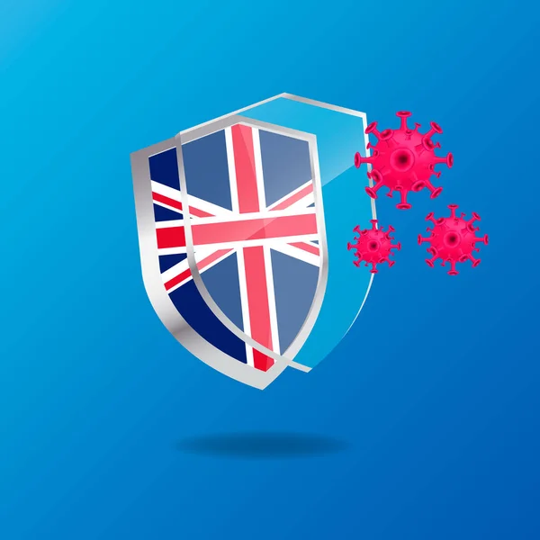 イギリスの旗を持つ抗菌または抗ウイルスシールドのイラストベクトルグラフィック 健康な盾は細菌またはウイルス攻撃を反映する 盾の保護 医療の概念 — ストックベクタ
