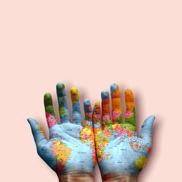 Two Palms Painted All Continents Countries World World Map New — Stockfoto