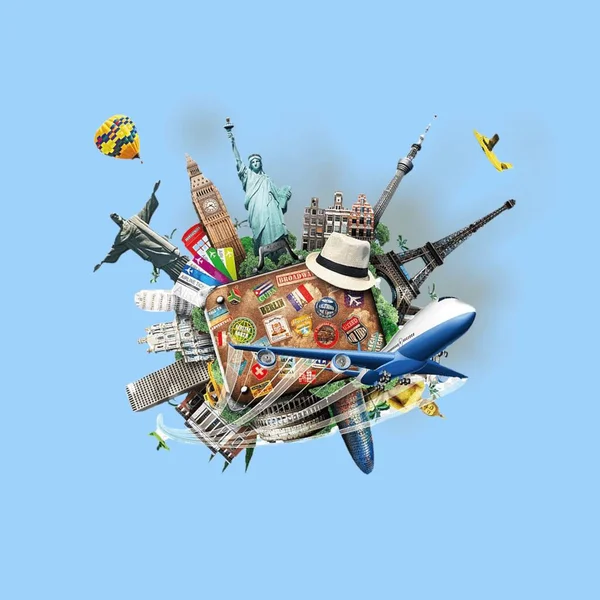 LIFESTYLE. TRAVEL. PLANE. EARTH. PASSPORT. LUGGAGES. TRAVEL. TRAVELING THINGS. COLORED BACKGROUND.