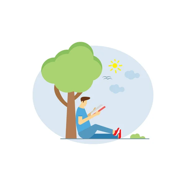 Boy Sitting Tree Reading Book — Stock Vector
