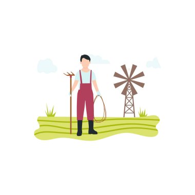 Elinde yaba ve iple çiftlikte duran bir adam..