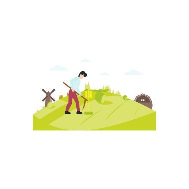 Tırpanlı bir çocuk çiftlikte ya da tarımda çalışıyor..