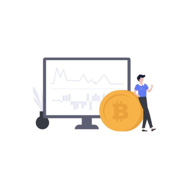 Bitcoin ile ayakta duran bir çocuk. Ekranda gösterilen kripto para biriminin grafiği ve sunumu.