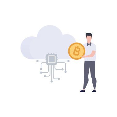 Bulut bilgisayar ağının yanında duran bitcoin 'li bir çocuk..