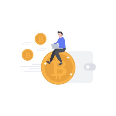 Bitcoin üzerinde oturan ve dizüstü bilgisayarla çalışan bir çocuk..