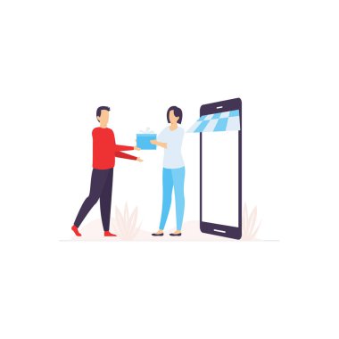 Bir kız hediyesini ya da hediye kutusunu oğlana verir. .