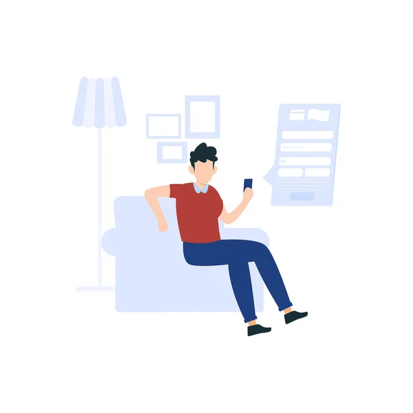 Boy Sitting Couch Using Mobile Phone — ストックベクタ