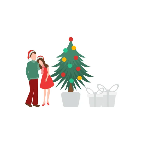 Couple Standing Christmas Tree Presents Christmas — Stock Vector