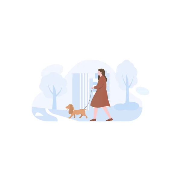 Woman Her Dog Going Walk — Stock Vector
