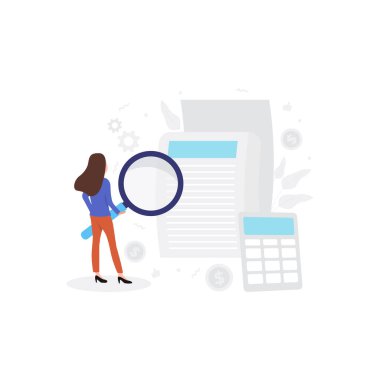 Büyüteci, listesi ya da hesap makinesi olan bir kız..