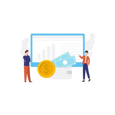 Pazarlama grafiğini gören iki çocuk. Ortada nakit para olan bir cüzdan. .