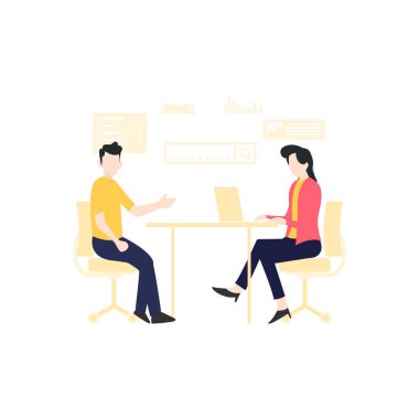 Bir erkek ve bir kadın sandalyede oturup bir şey hakkında tartışıyorlar..