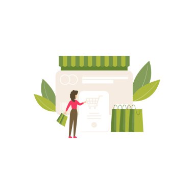 Elinde çantalarla online alışveriş yapan bir kız..